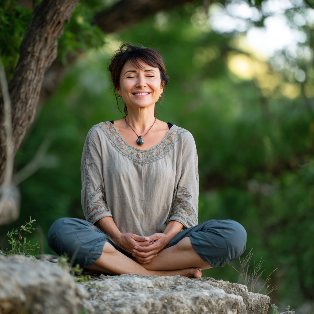 Smiling Uzbek adults practicing yoga in traditional setting with warm golden lighting