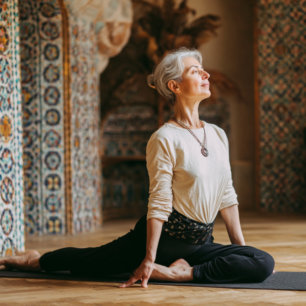 Group of diverse Uzbek adults in morning yoga session with gentle sunlight streaming through windows